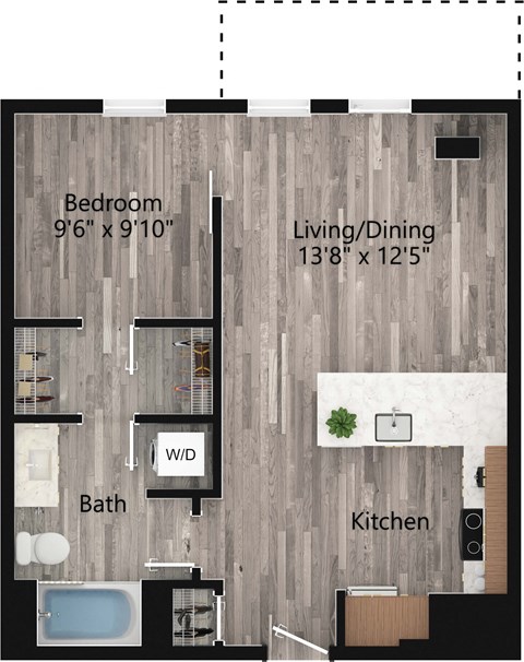 Floor plan for 1 bed, 1 bath, 665 sqft